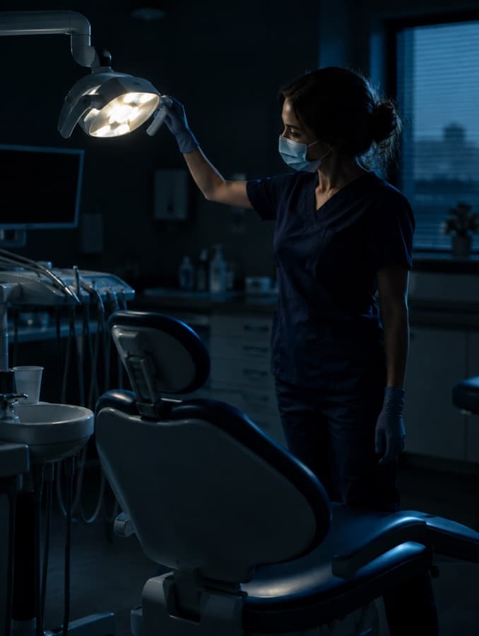 Dentista nello studio accanto alla poltrona