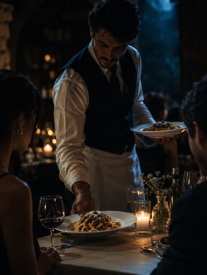 Cameriere che serve un piatto di pasta