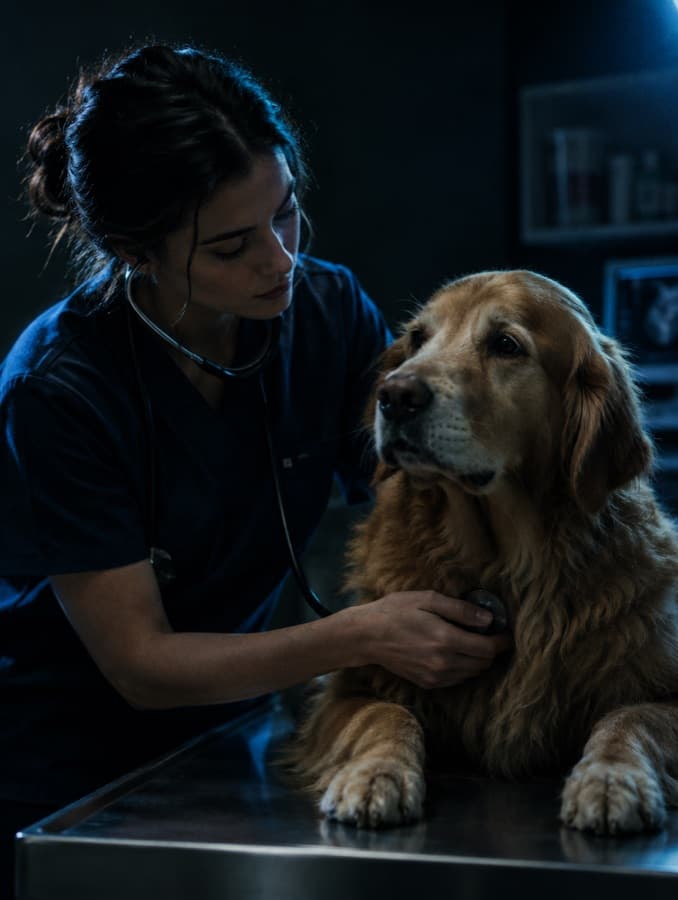 Veterinaria che visita un golden retriever